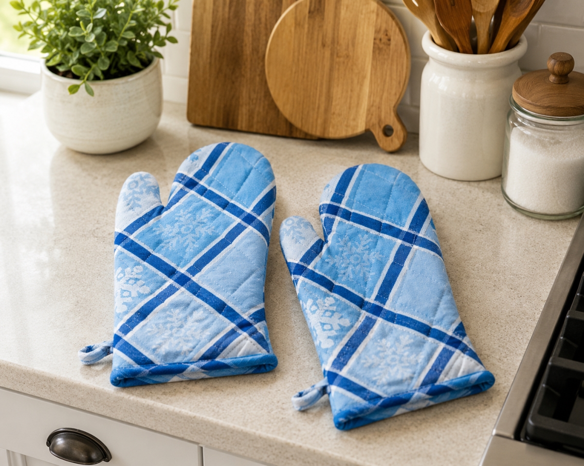 AG-38202 Set Of 2 Snow Flakes On Check Pattern Oven Mitts