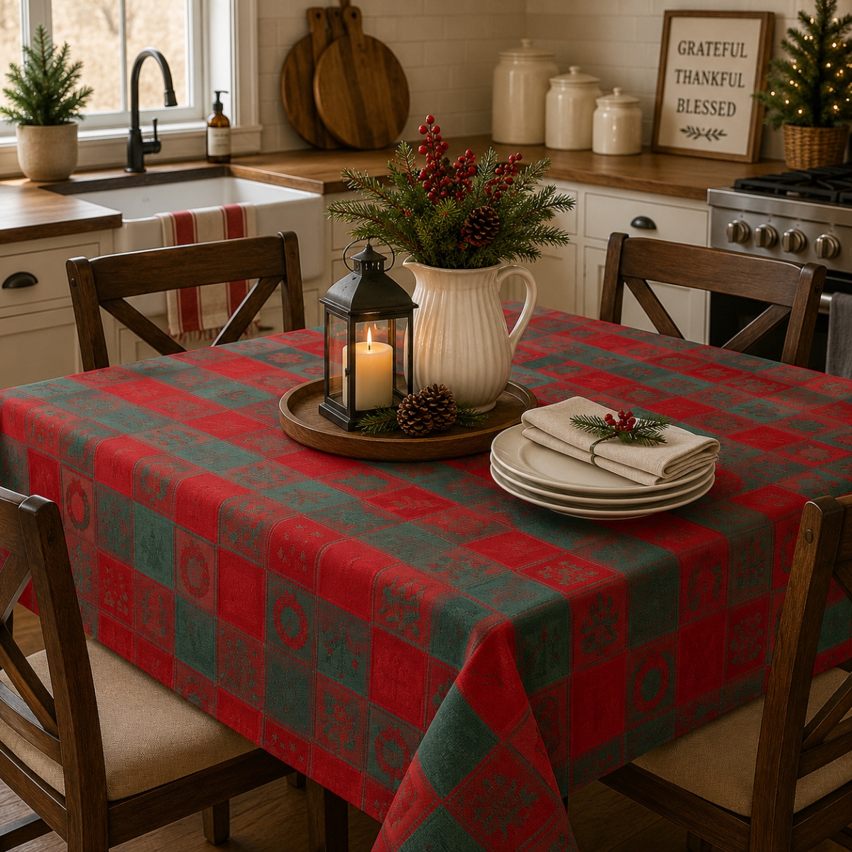 AG-23352_70x70 70' Round Christmas Items On Check Pattern Tablecloth