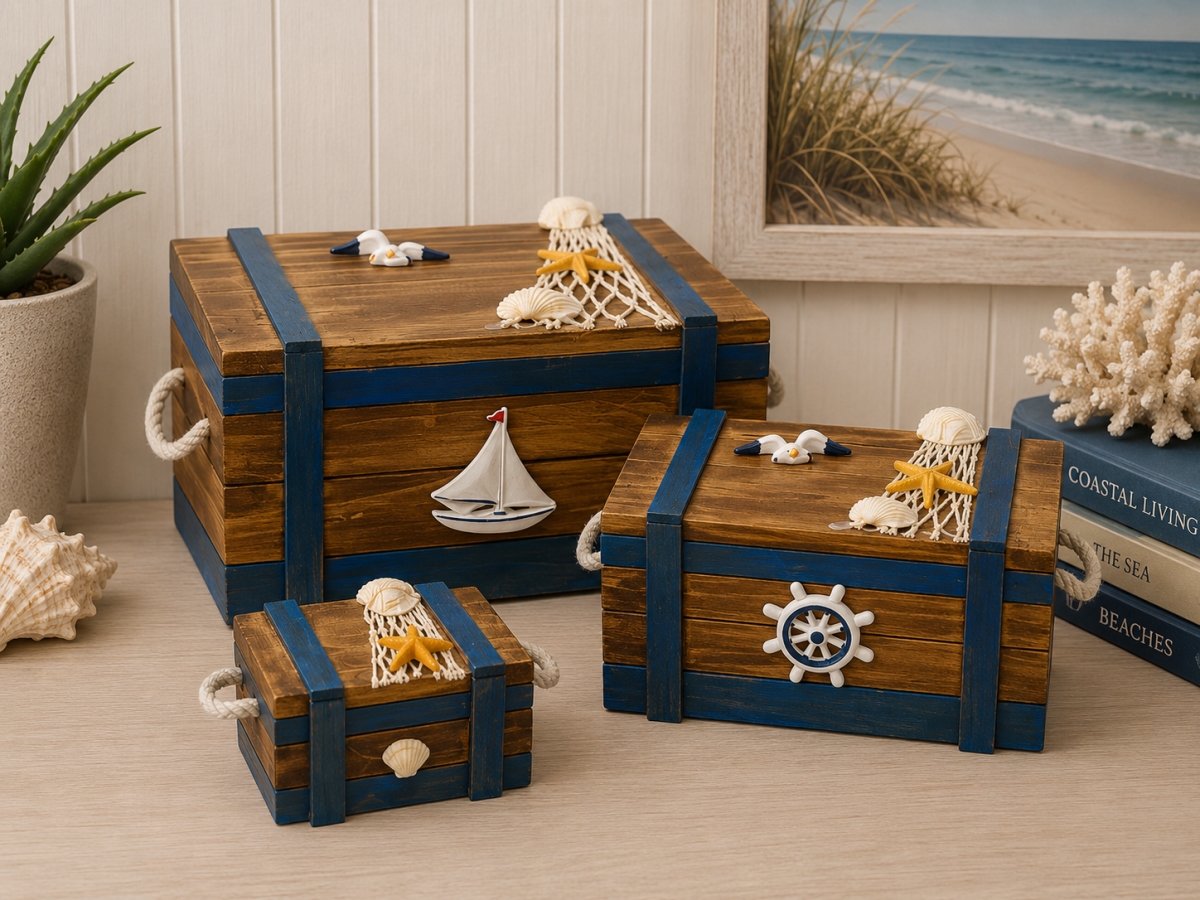 IG-N00.097 Set Of 3 Assorted Sized Nautical Themed Nesting Treasure Boxes