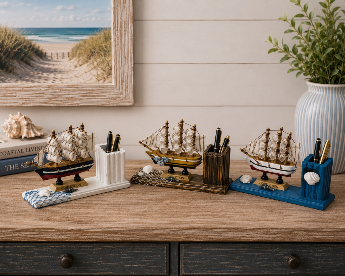 IG-N00.156 Set Of 3 Assorted Colors And Decor Ships With Pen Holders Figurines