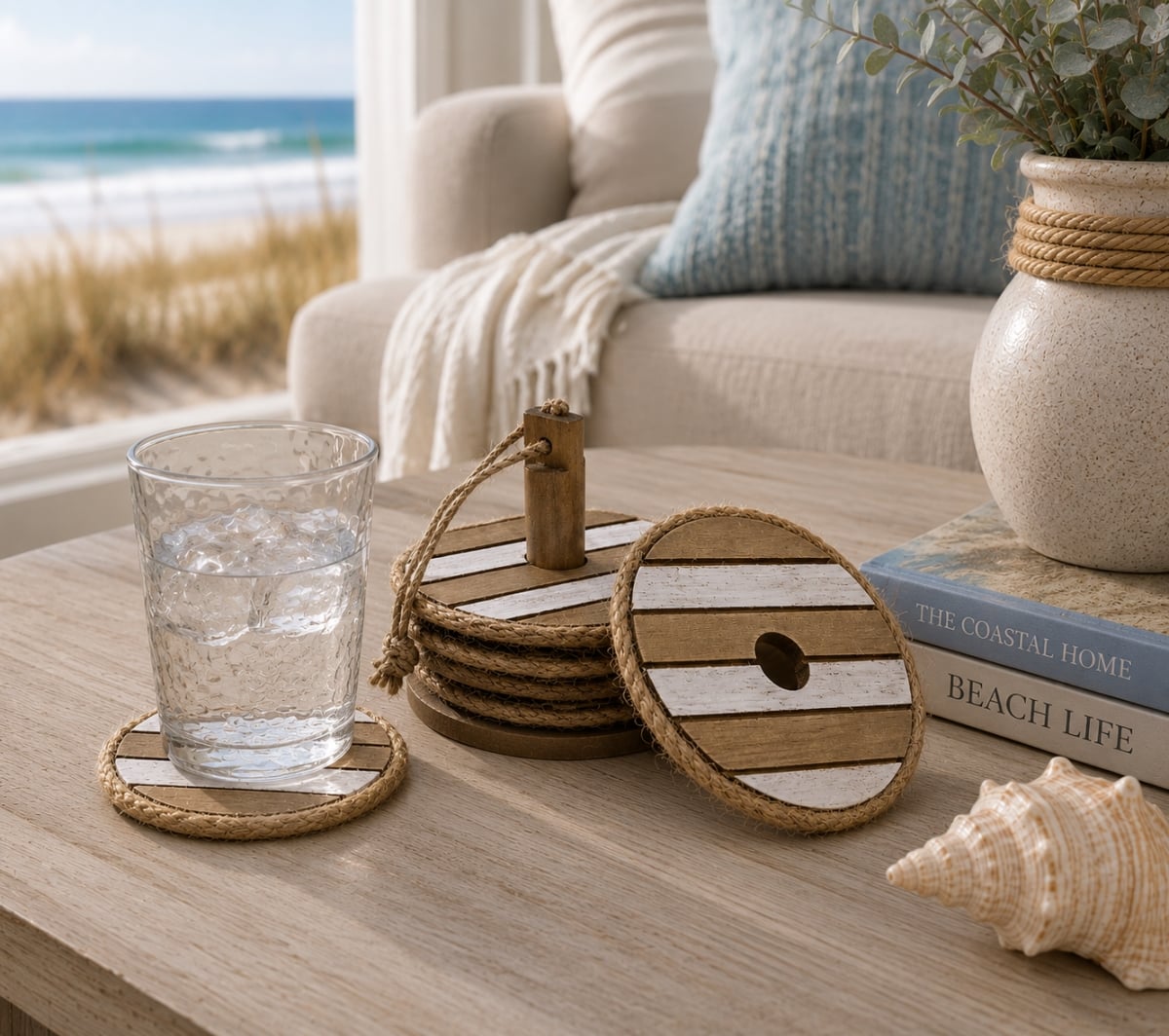 IG-N00.218 Set Of 4 Rustic Washed Plank Look With Rope Edges Coasters