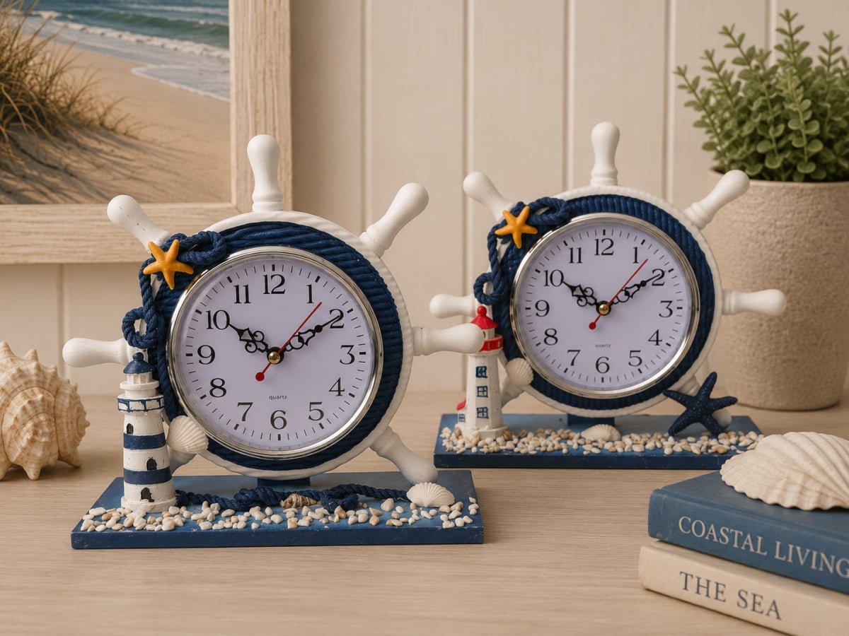 IG-N00.103 Set Of 2 Assorted Styles Nautical Ship Wheel Table Clocks