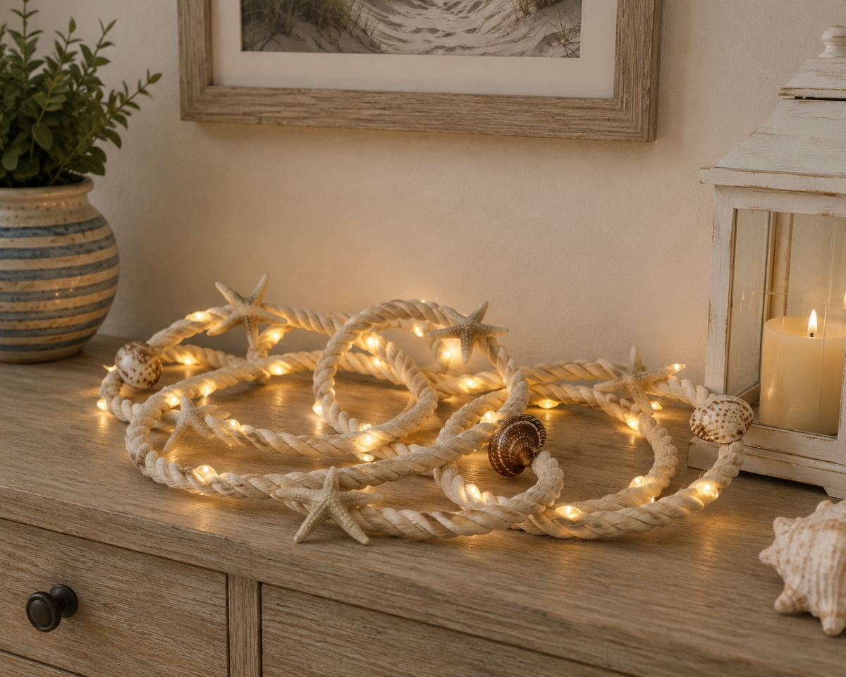 IG-N00.335 Nautical Rope With Star Fish And Shell Decor Led Light String