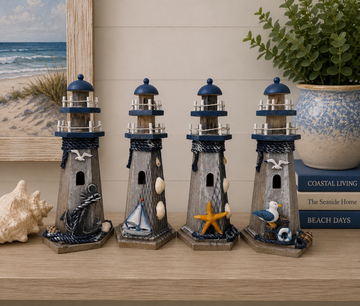 IG-N00.256 Set Of 4 Assorted Rustic Lighthouses With Nautical Accents Figurines