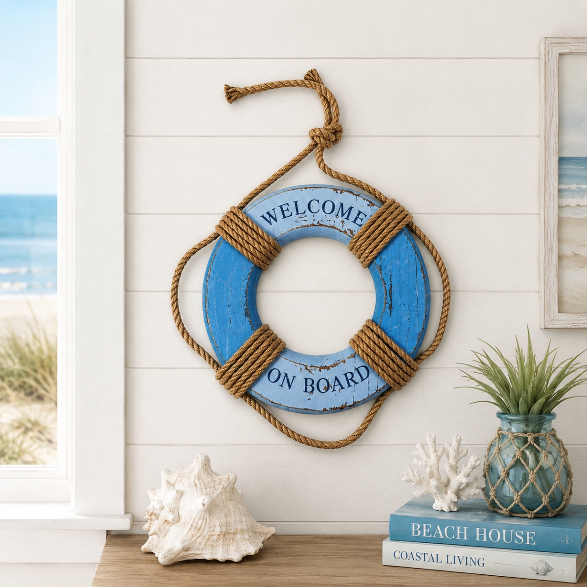 IG-33.734 Welcome On Board Lifebuoy With Rope Accents Wall Decor