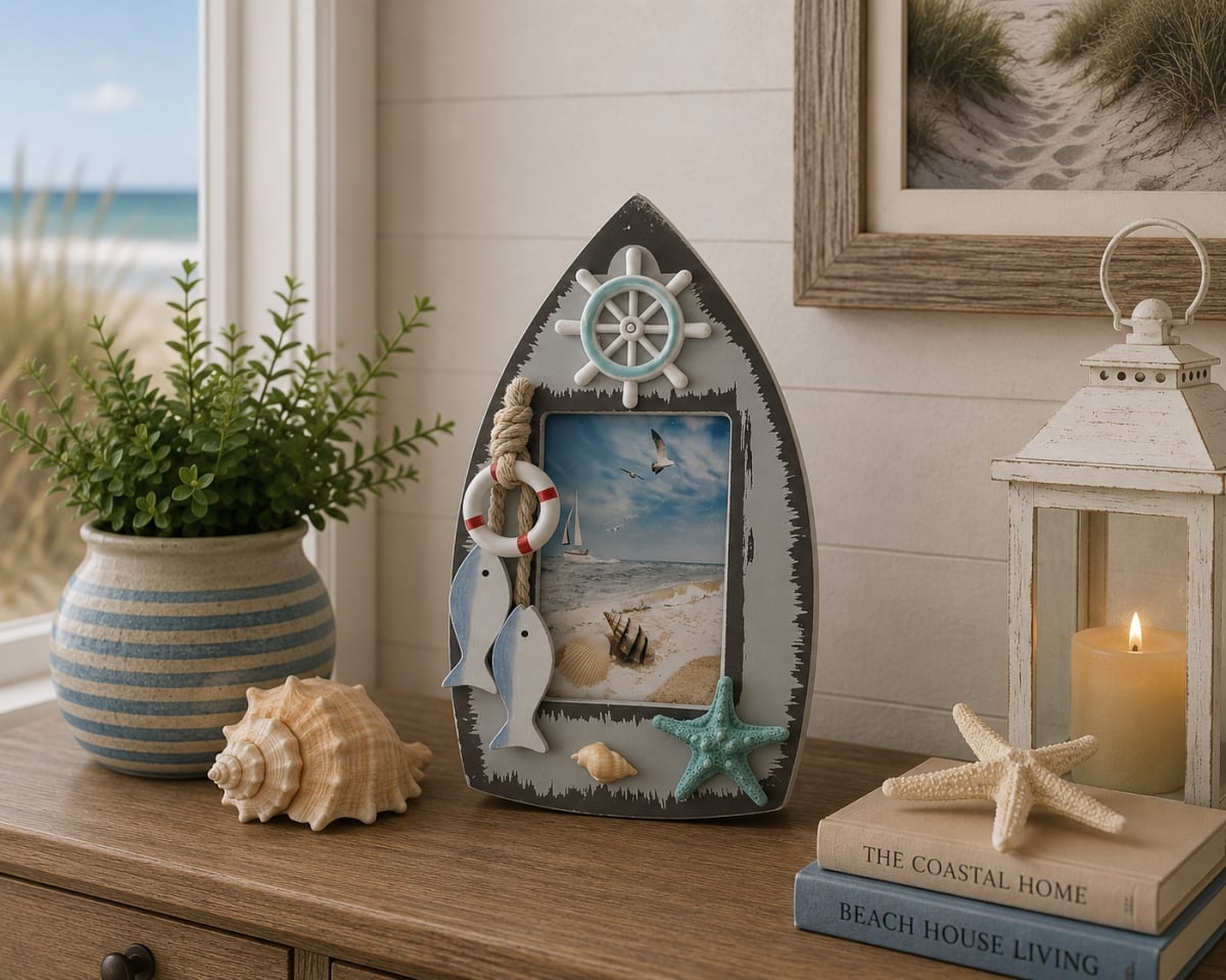 IG-N00.340 Aged Look Row Boat Shaped With Beach Decor Photo Frame