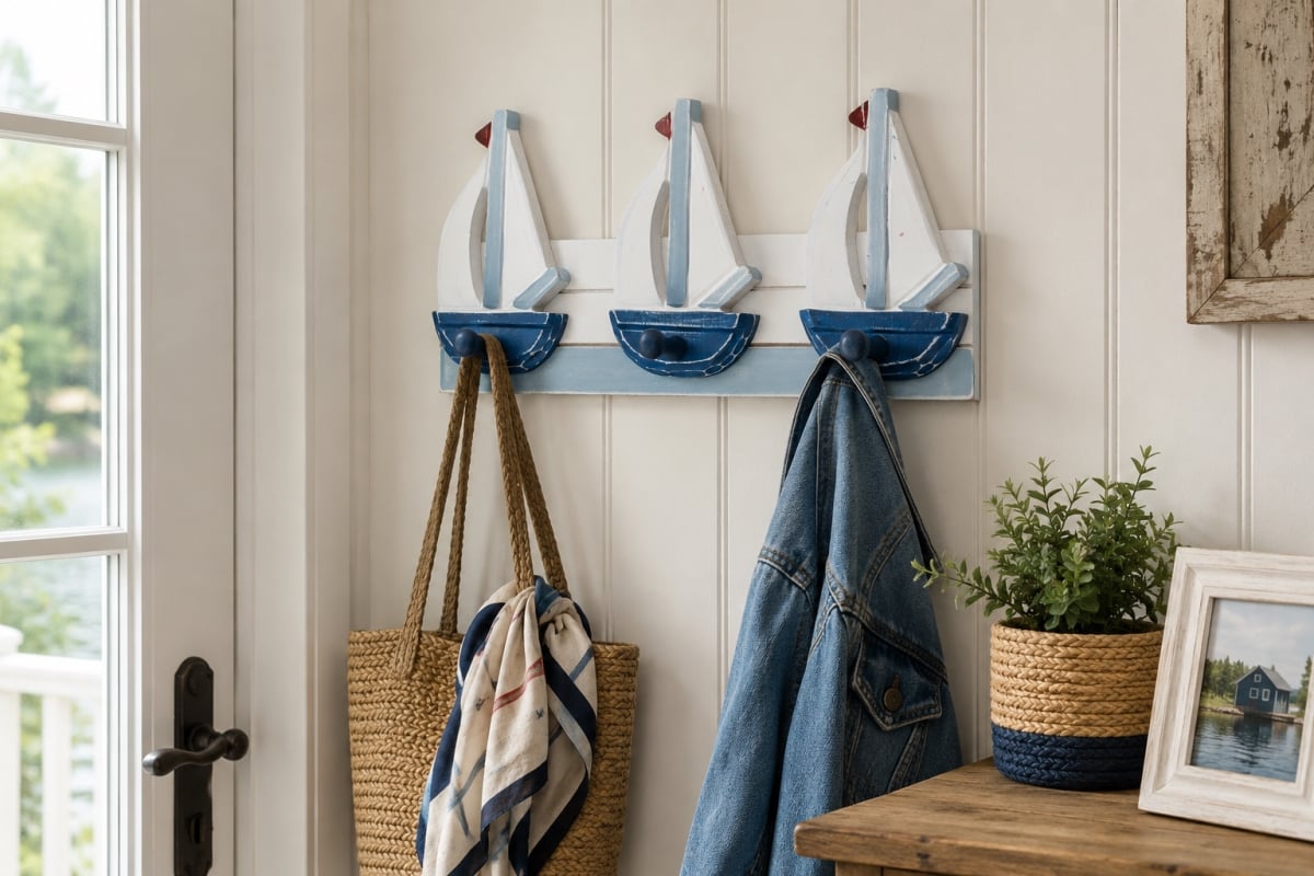 IG-31.004 Sailboats On Wood Triple Hooks Wall Mounted Hook