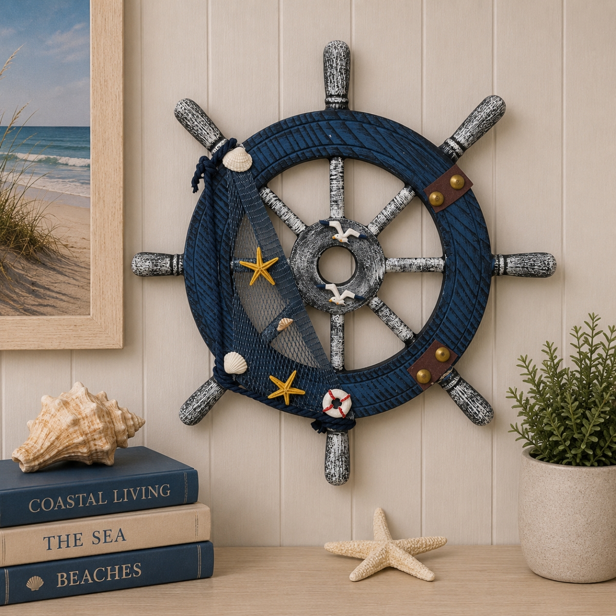 IG-N00.111 Blue And Washed White Ships Wheel With Coastal Accents Wall Decor