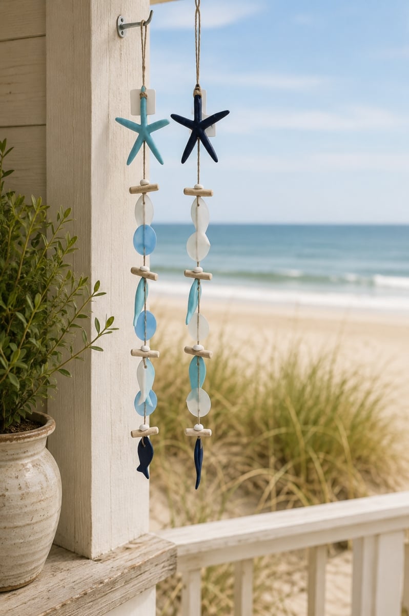 IG-N00.303 Set Of 2 Assorted Colors-Starfish With Shells And Fish Wind Chimes