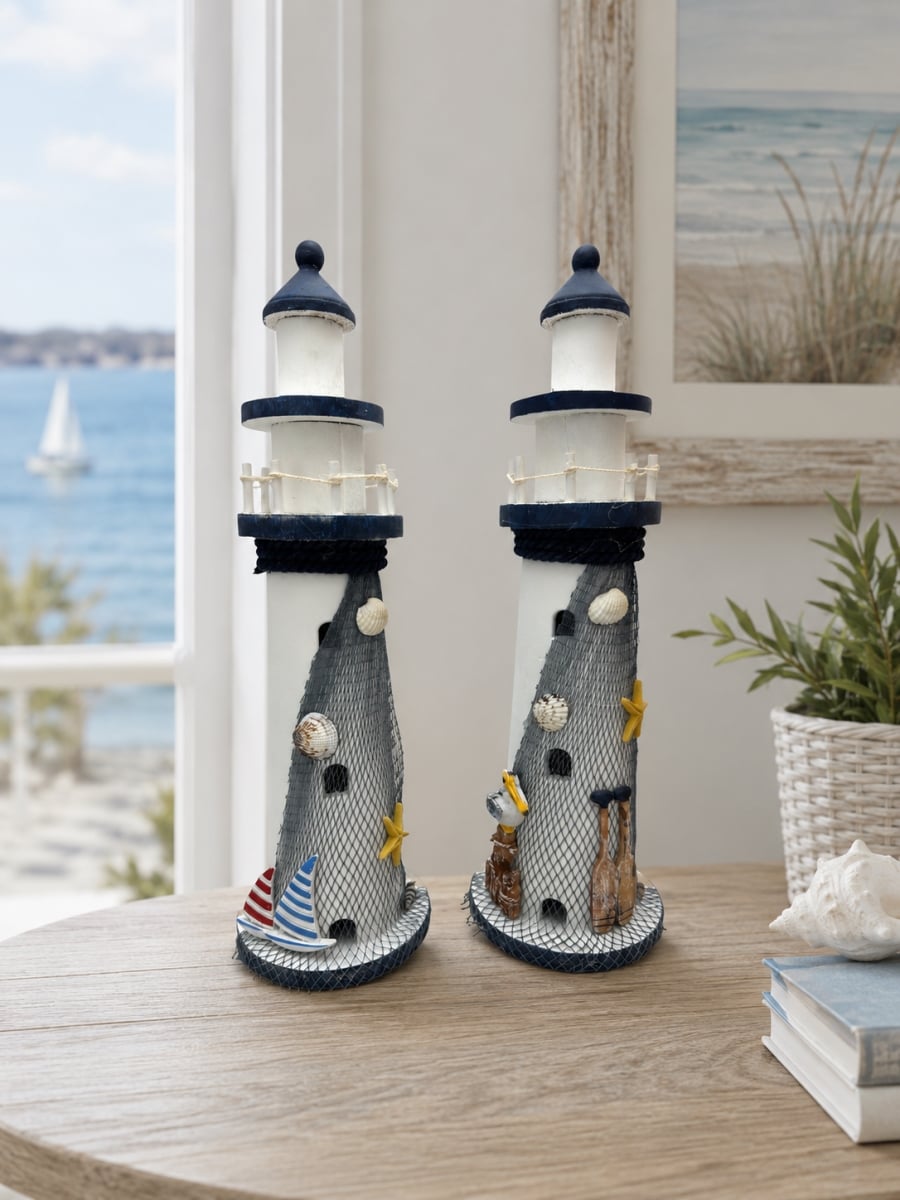 IG-N00.073 Set Of 2 Lighthouses With Assorted Nautical Decorations Figurines