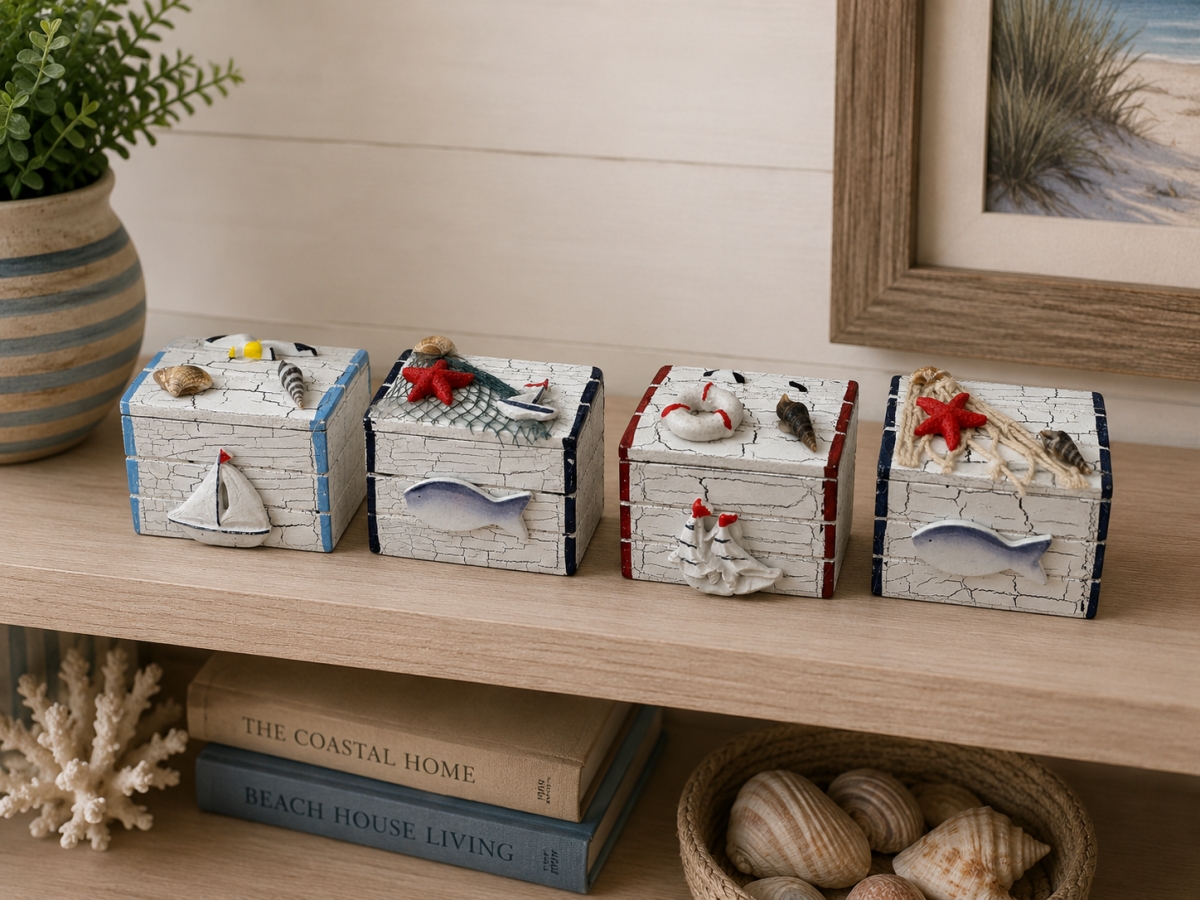 IG-N34.487 Set Of 4 Assorted Aged Look With Beach Decorations Trinket Holder Decorations