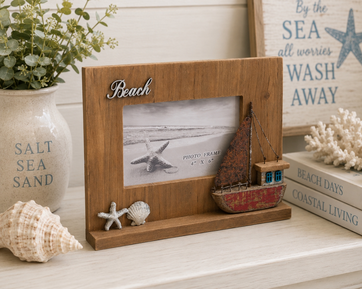 IG-32.122 Text-Beach With Red Sailboat-Starfish And Shell Accents Photo Frame