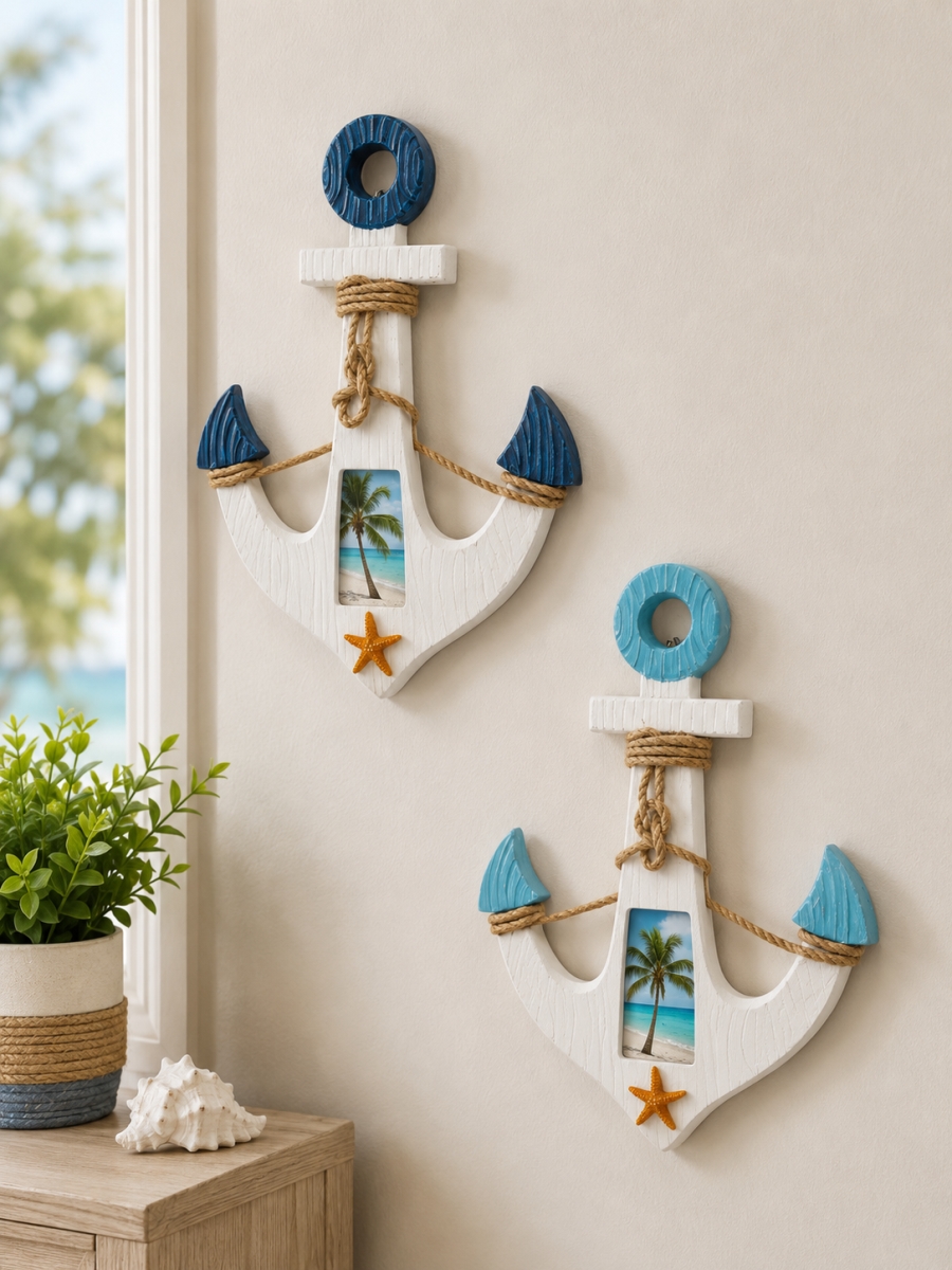 IG-34.568 Set Of 2 Assorted Light Blue Or Navy And White Anchors Wall Decor