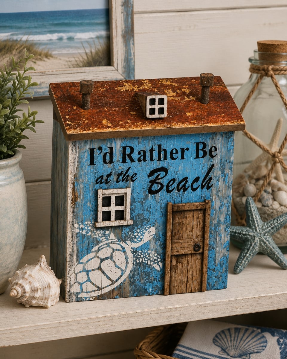 IG-32.193 'I'D Rather Be At The Beach'' Beach Hut With Sea Turtle Image Led Figurine