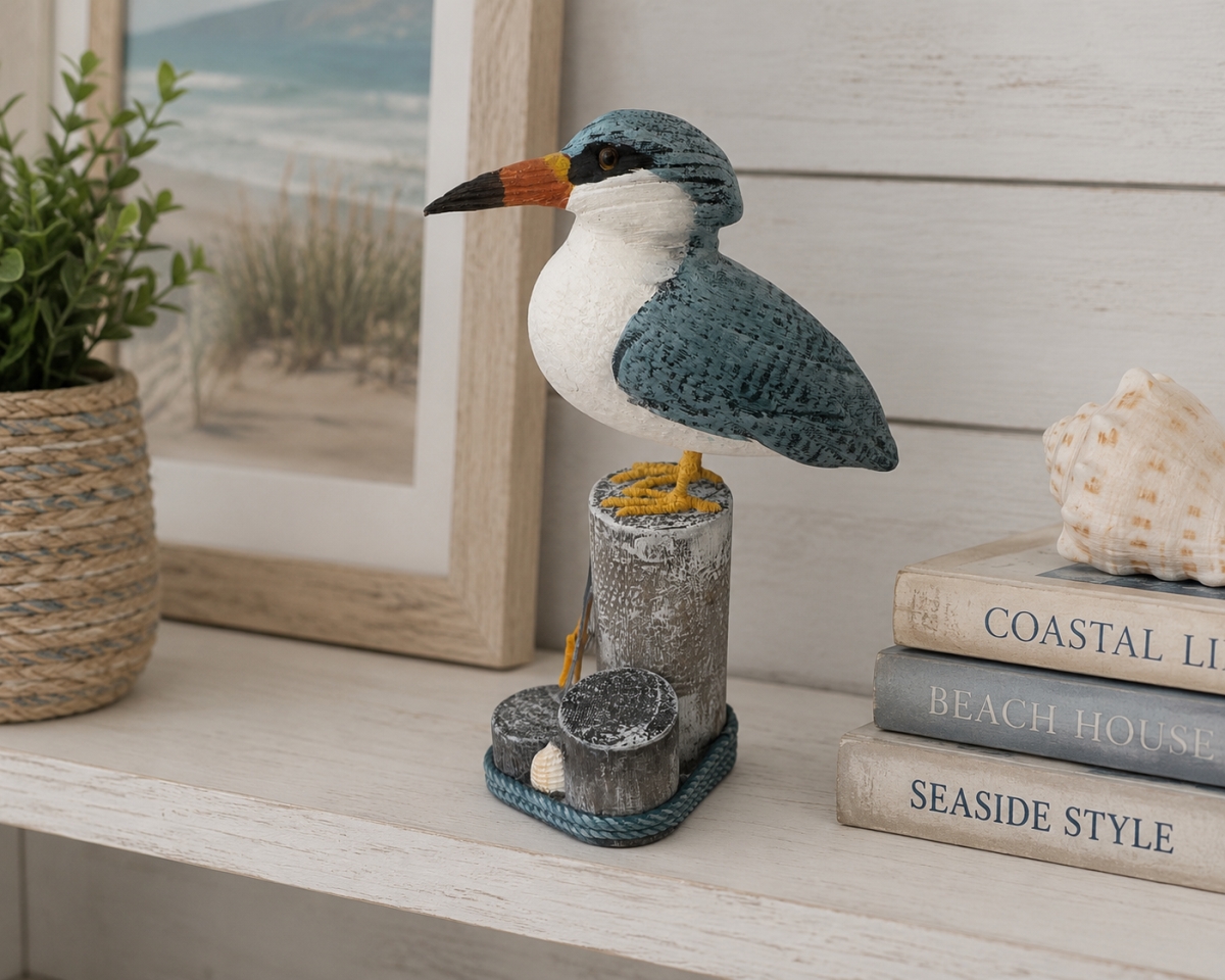 IG-34.032 Black Skimmer Bird On A Log With Nautical Items Figurine