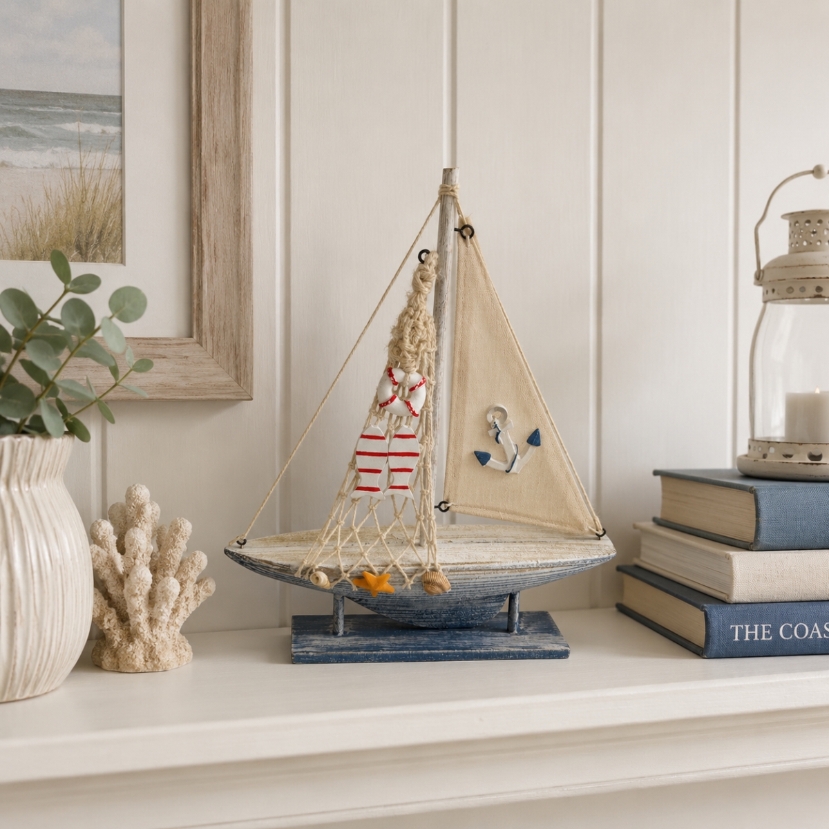 IG-N00.238 Wooden Sailboat With Fishnets & Anchor Figurine