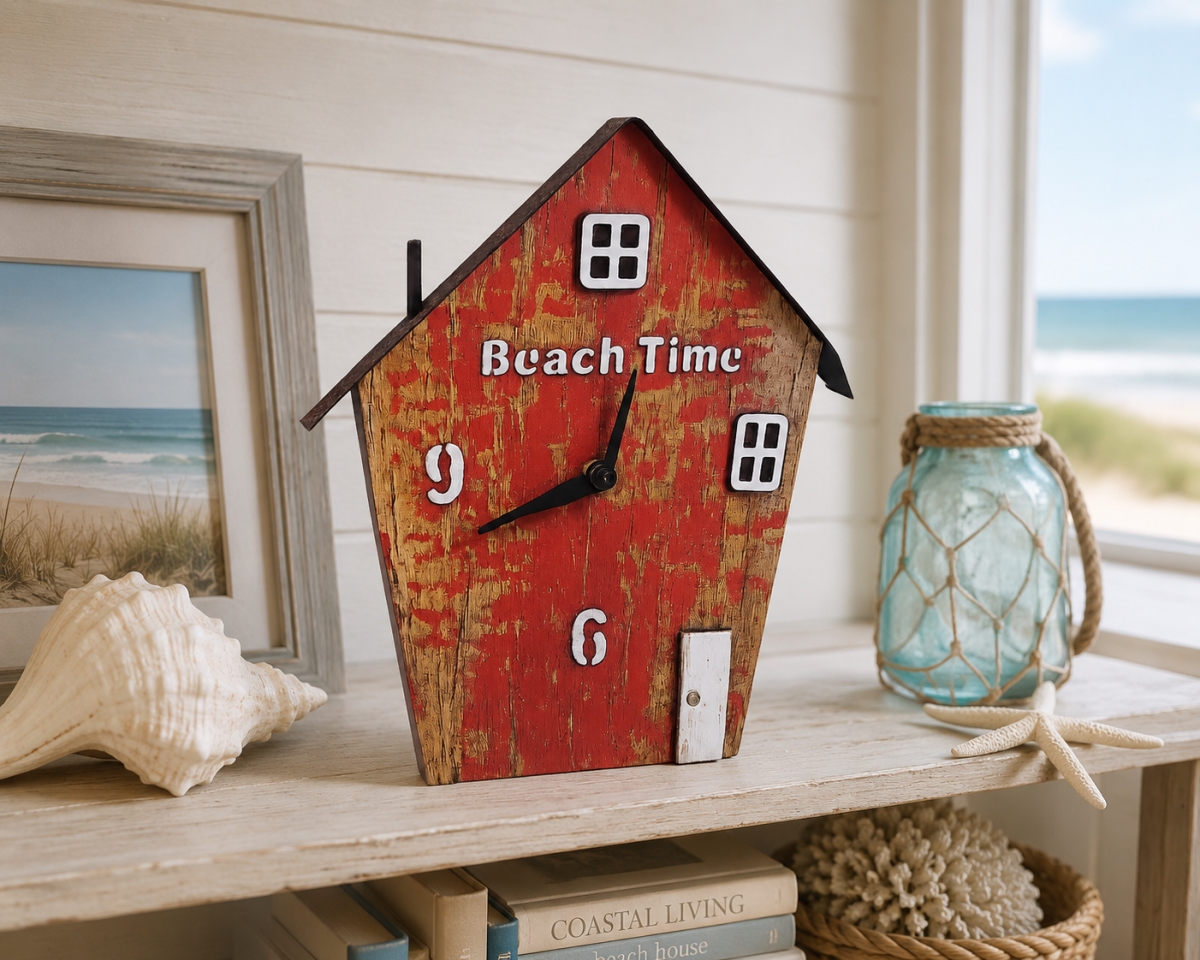 IG-32.203 Weathered Beach Time Beach Hut Shaped Clock