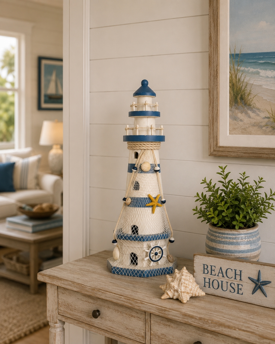 IG-N00.318 Striped Lighthouse With Fishnet Accent Figurine