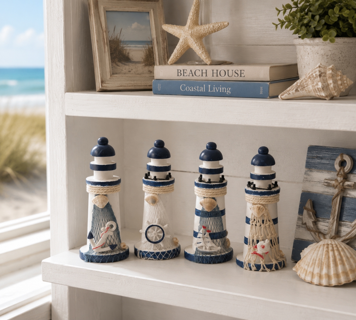 IG-N00.202 Set Of 4 Assorted Nautical Accents On Lighthouse Figurines