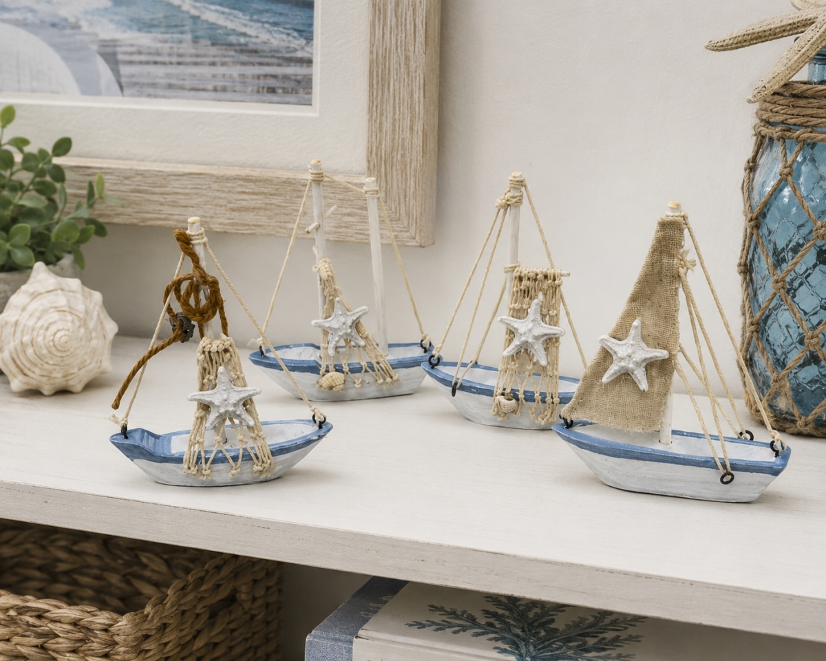 IG-34.156 Set Of 4 Assorted Sailboats With Starfish Decorations Figurines
