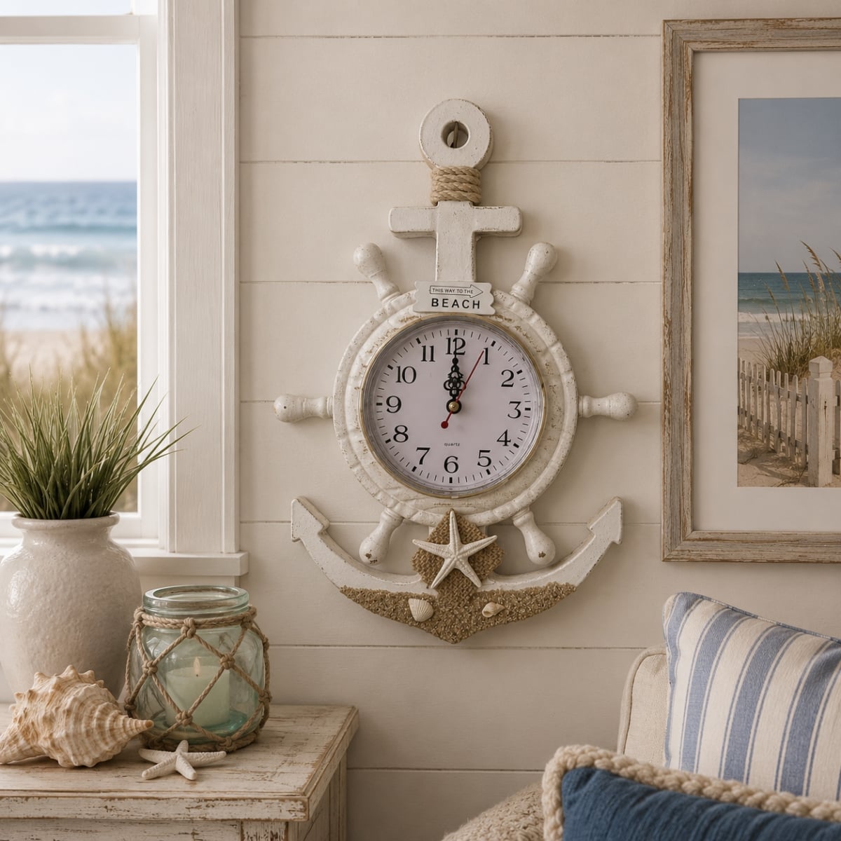 IG-N00.169 Ships Wheel And Anchor Shape On The Beach Wall Clock
