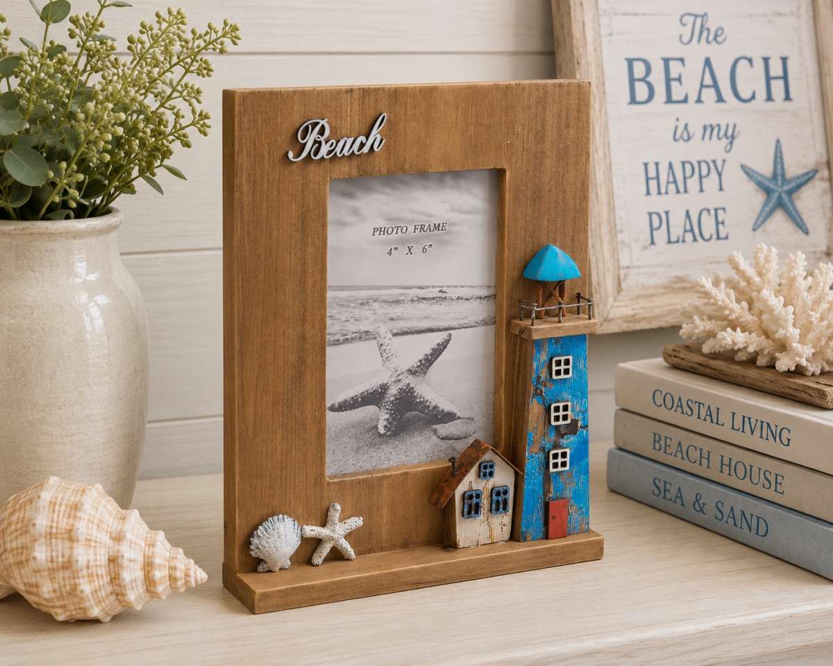 IG-32.123 Text-Beach With Lighthouse-Shell And Starfish Photo Frame