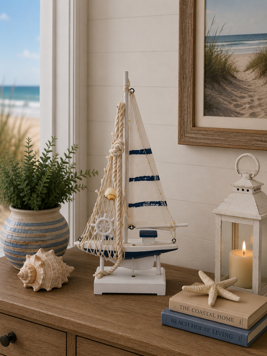 IG-N00.342 Led Sailboat With Net And Striped Sail Figurine