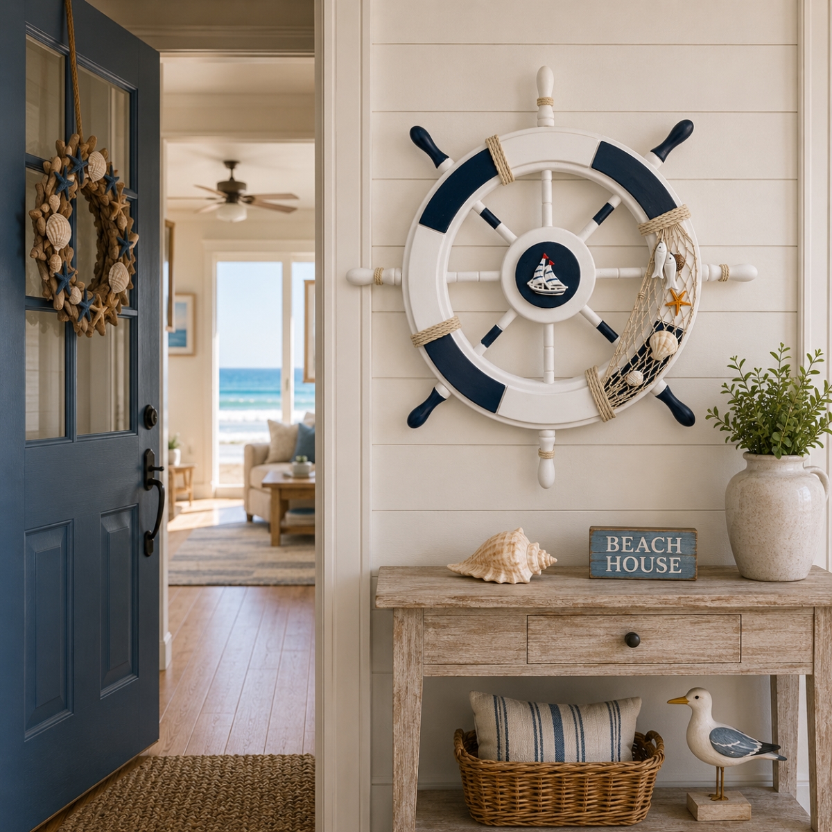 IG-N00.313 Ship'S Wheel With Sailboat And Fishnet Accents Wall Decor
