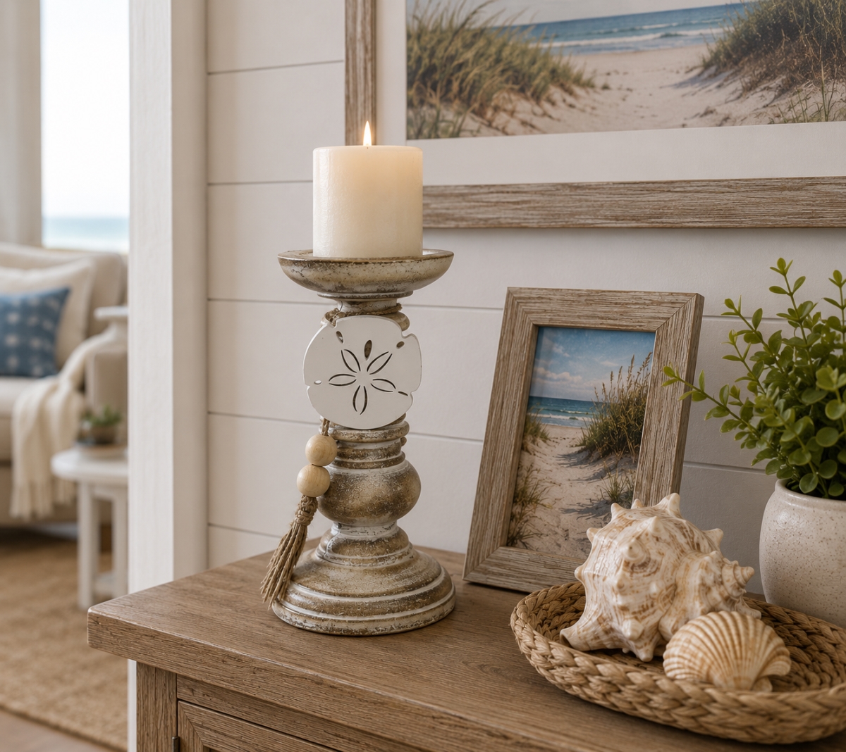 IG-N00.207 Rustic Washed Look With Sand Dollar And Beads Pillar Candle Holder