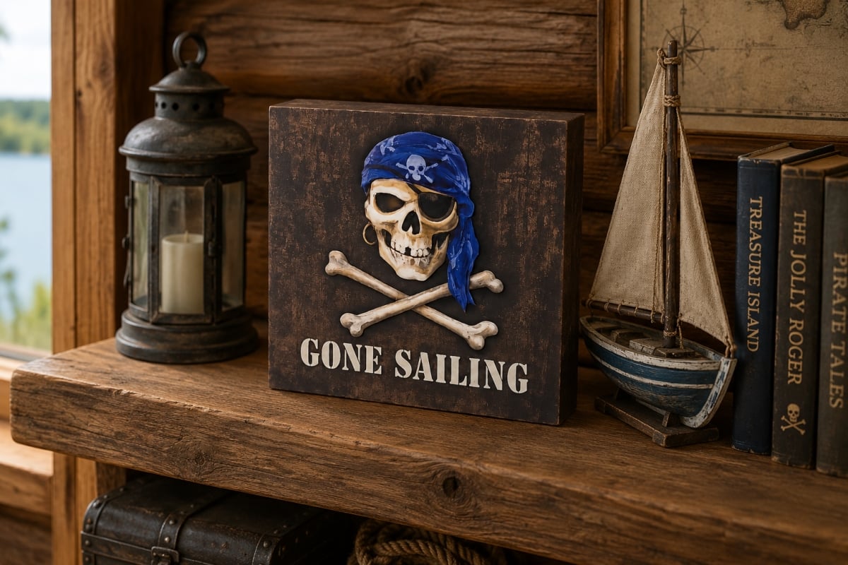 IG-32.169 Gone Sailing-Text With Skull And Crossbones Pirate And Led Light Plaque