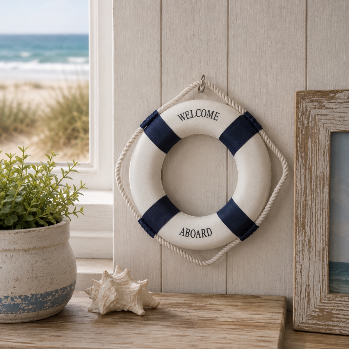 IG-N00.184 Text-Welcome Aboard- Hanging Life Saver With Rope Accents Wall Decor