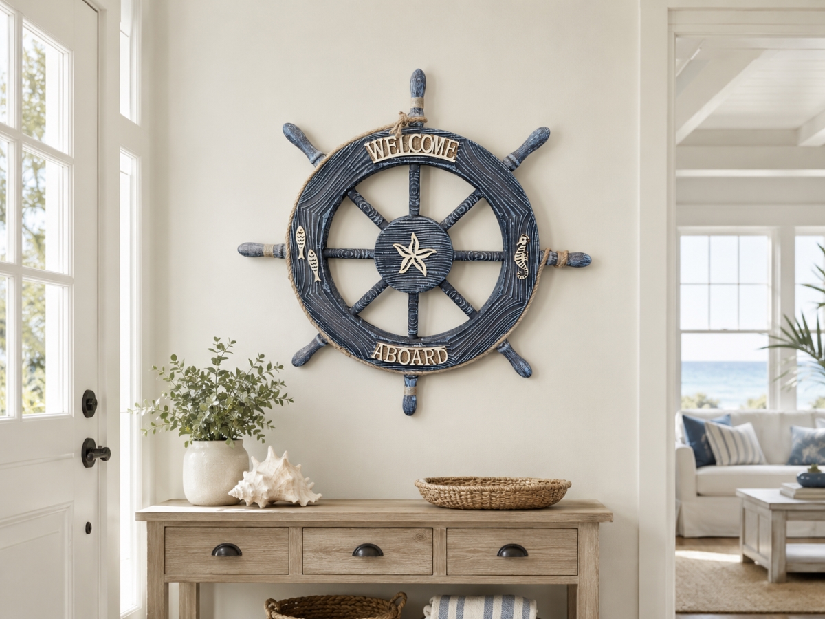 IG-N00.013 Text- Welcome Aboard Ships Wheel Shaped Wall Decor