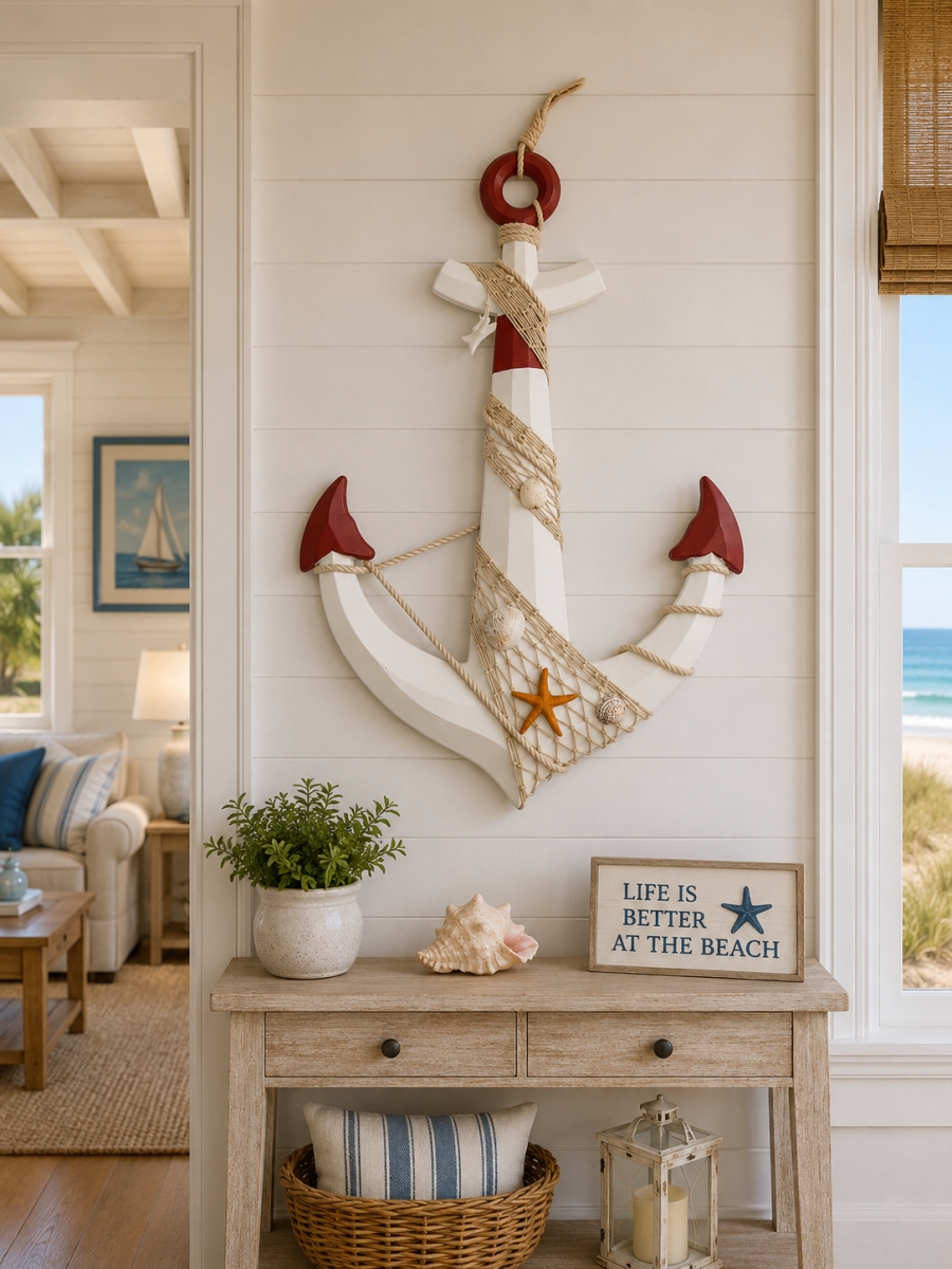 IG-N00.317 Anchor With Net-Starfish And Shell Accents Wall Decor
