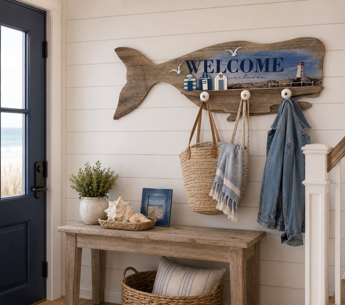 IG-N00.206 Welcome To Our Beach House Whale Shaped Wall Hook