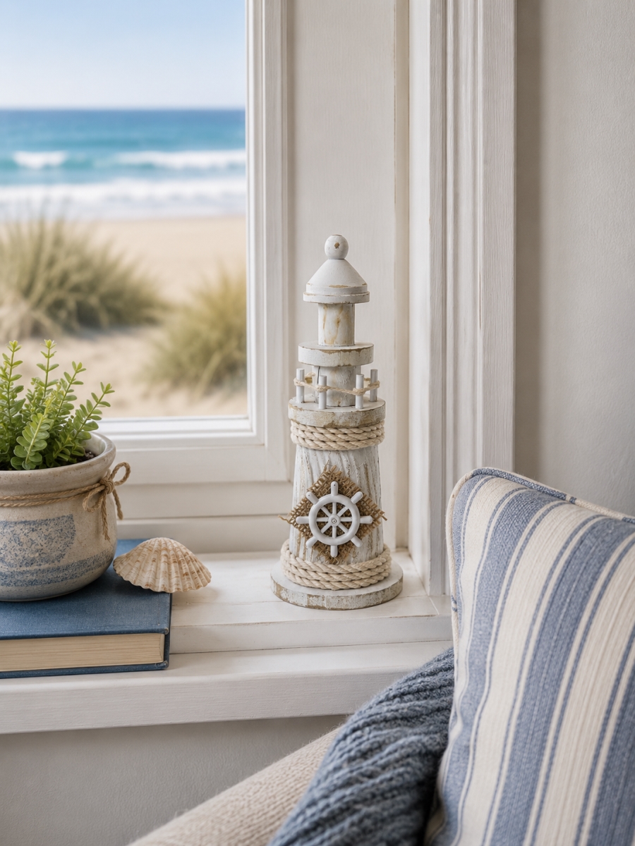 IG-N00.173 Rustic Lighthouse With Ship Wheel Accent Figurine