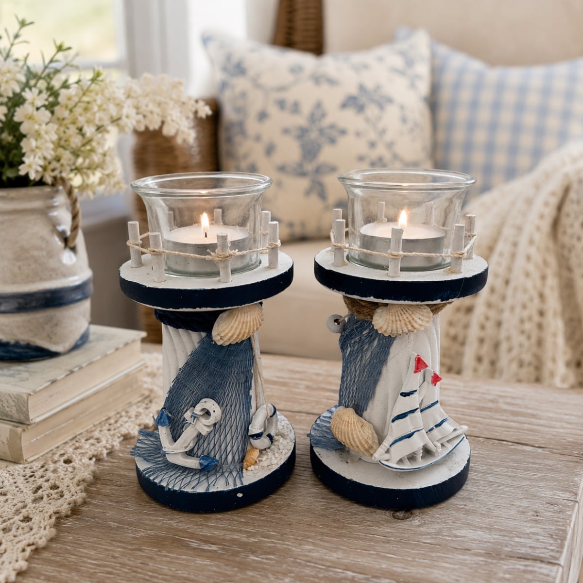 IG-34.028 Set Of 2 Assorted Styles Beach Themed Tealight Candle Holder