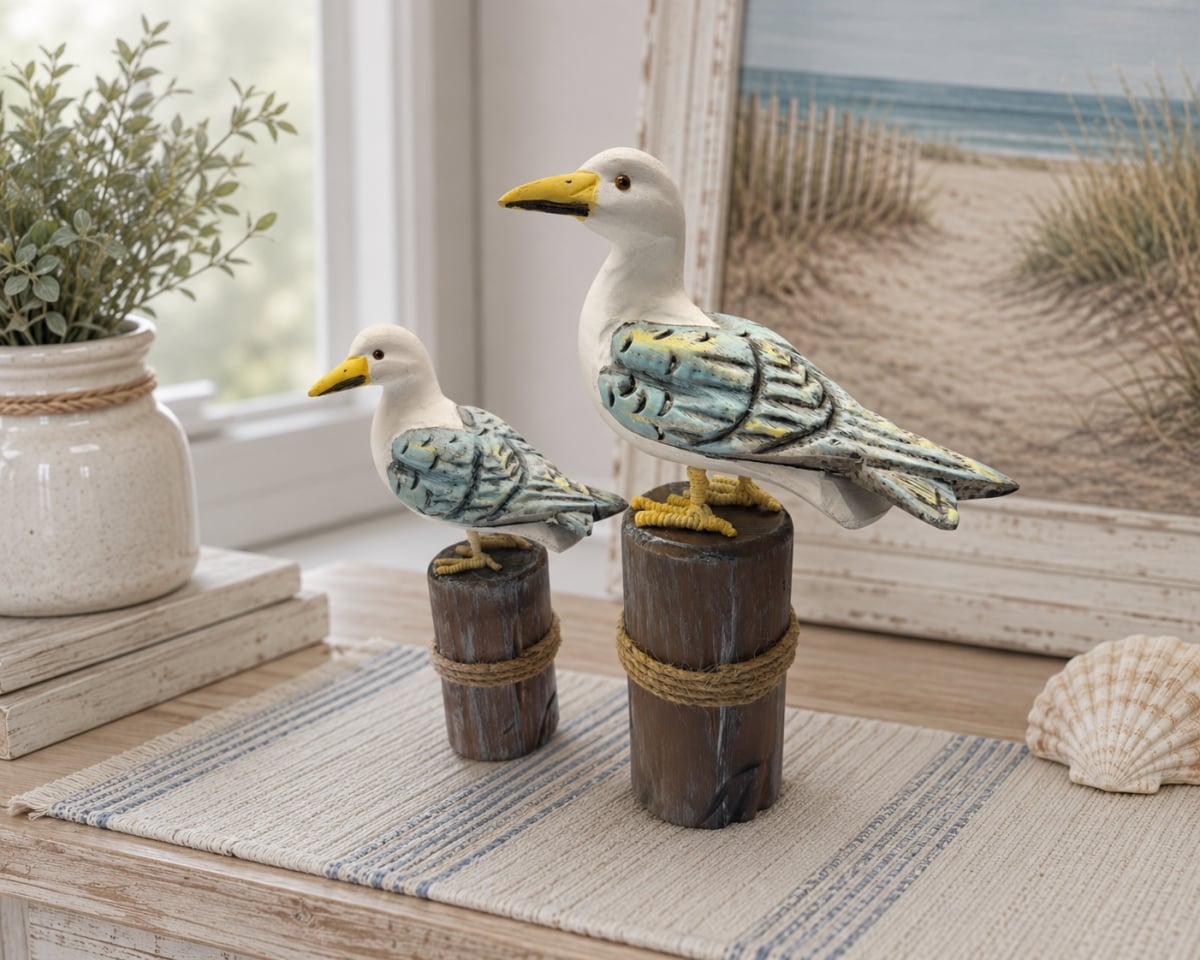 IG-34.031 Set Of 2 Assorted Seagulls On Rope Covered Logs Figurines