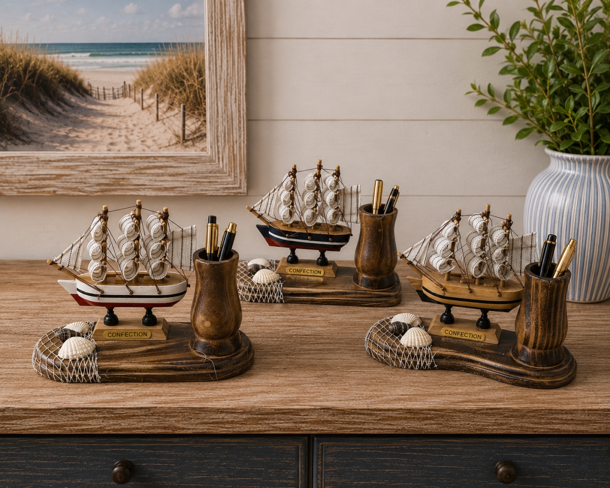 IG-N00.157 Set Of 3 Assorted Decorated Ships With Pen Holders Figurines
