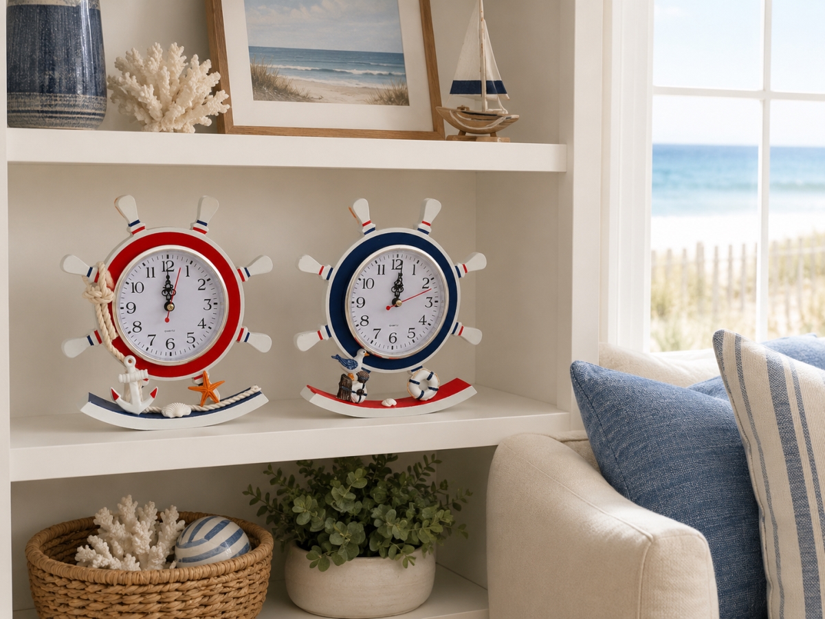 IG-N00.044 Set Of 2 Assorted Colours Ship'S Wheels With Beach Decor Table Clocks