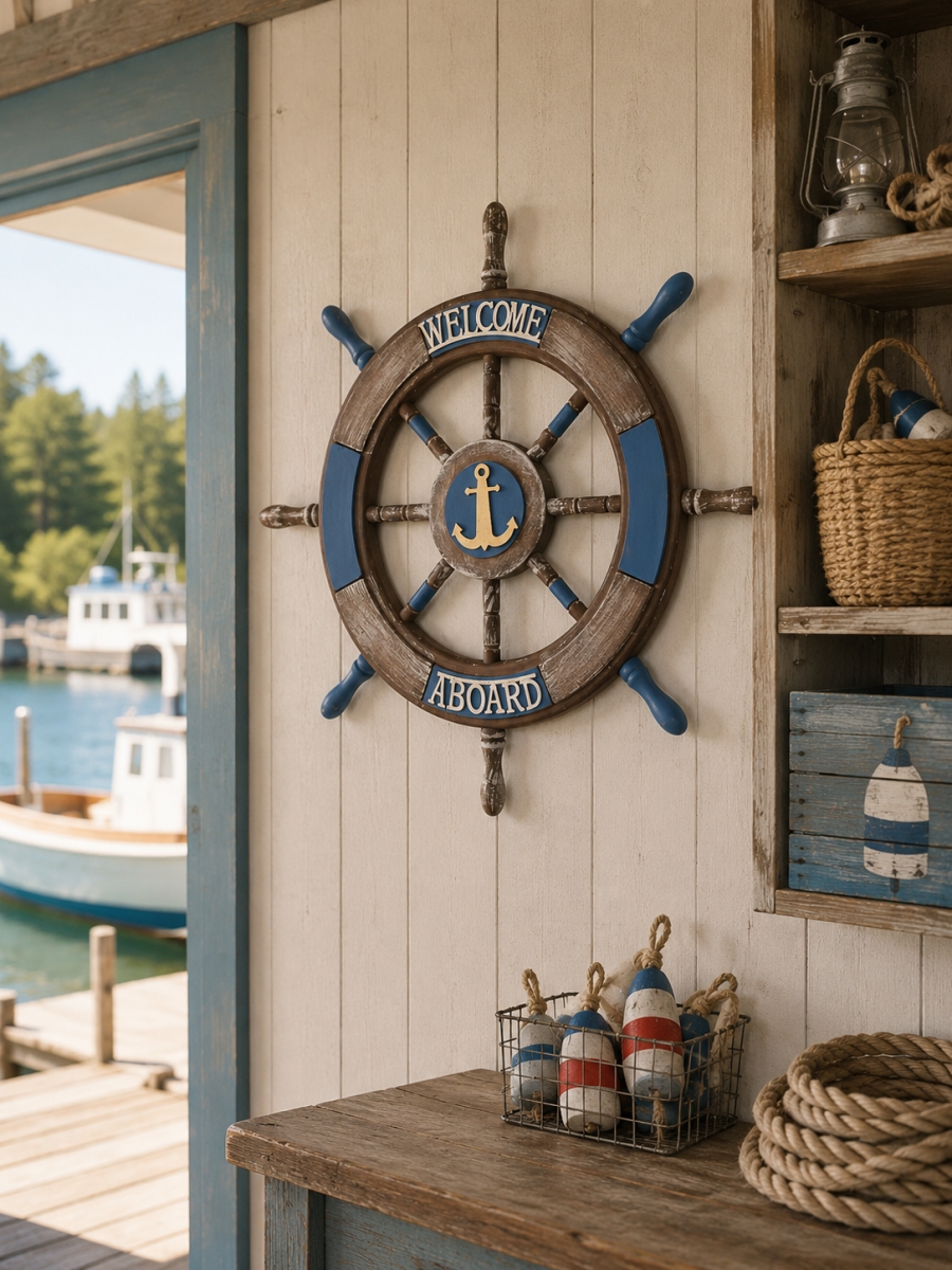 IG-N00.008 Ship'S Wheel With Anchor & Welcome Aboard Sign