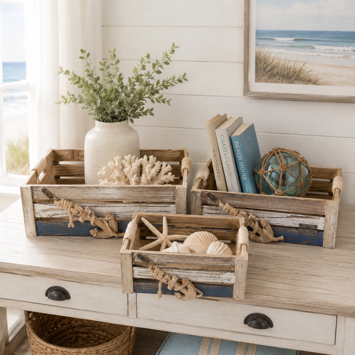 IG-33.773 Set Of 3 Assorted Sizes Weathered Look With Anchor Decoration Crates