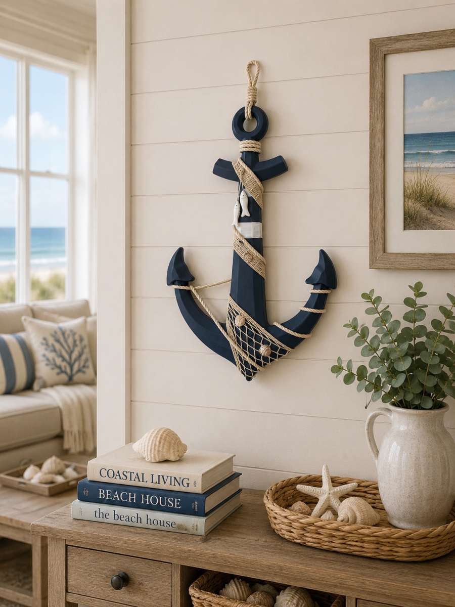 IG-N00.029 Anchor With Netting And Fish Accent Wall Decor