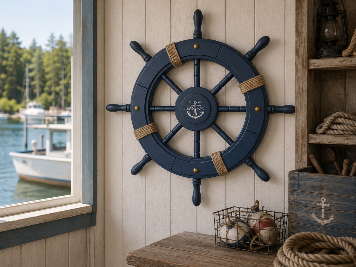 IG-N00.009 Ship'S Wheel With Anchor Image Wall Decor