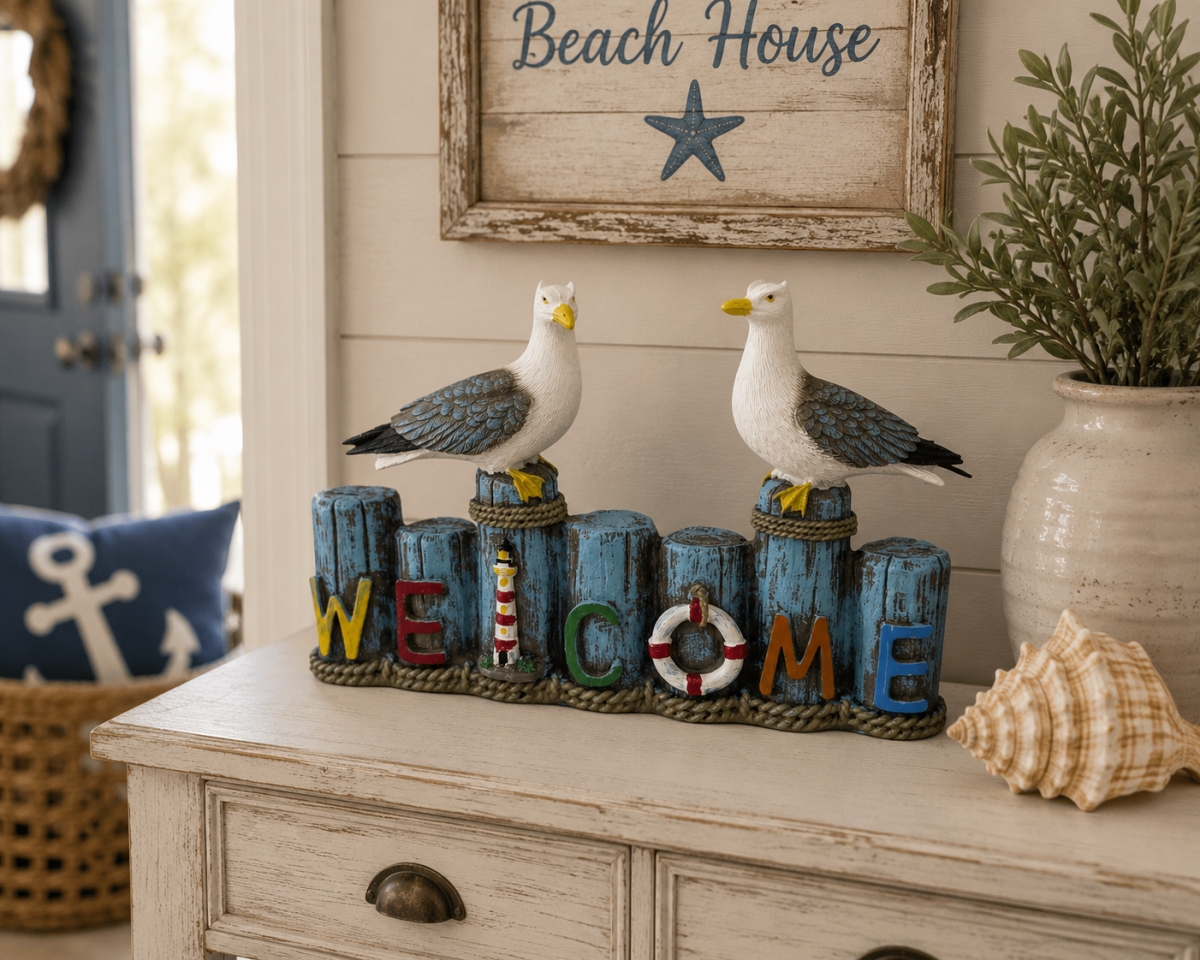 IG-N00.291 Seagulls On Posts Spelling Welcome Figurine