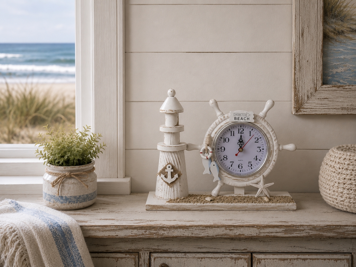 IG-N00.174 Lighthouse With Anchor And Sand With Beach Ships Wheel Table Clock