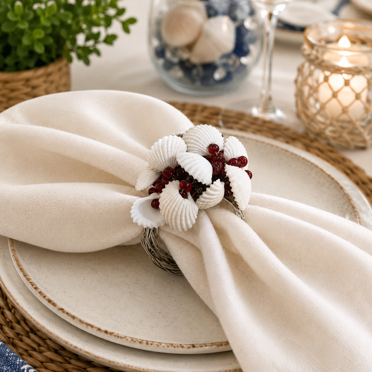 IG-53.015 Set Of 6 Seashells On Woven Pattern Napkin Ring