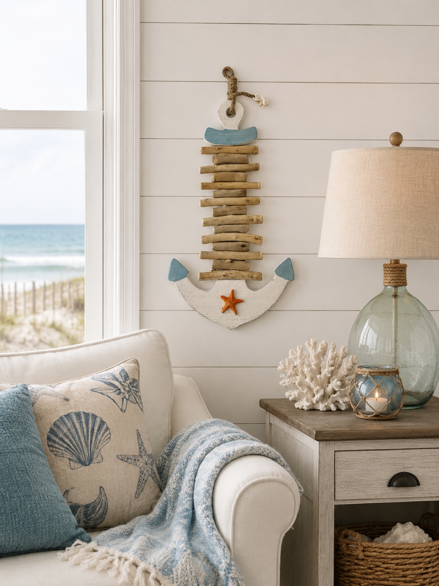 IG-N00.038 Anchor With Wood Bridge And Starfish Accent Wall Decor