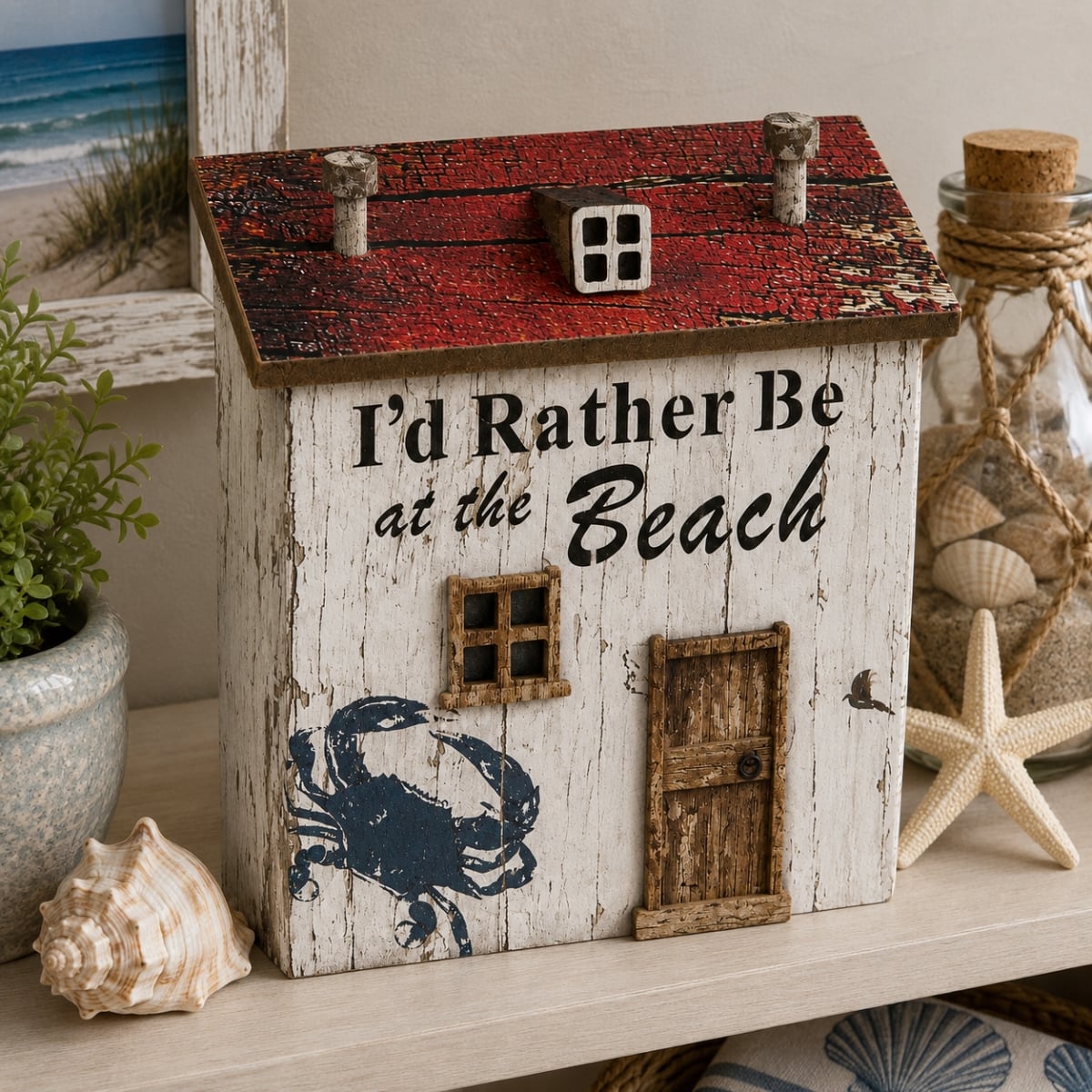 IG-32.195 'I'D Rather Be At The Beach'' Led Beach Hut With Blue Crab Image Figurine