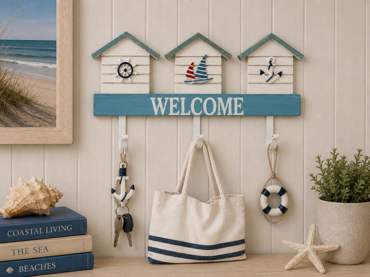 IG-N00.109 Beach House Shapes With Welcome And Three Hooks Wall Mounted Hook
