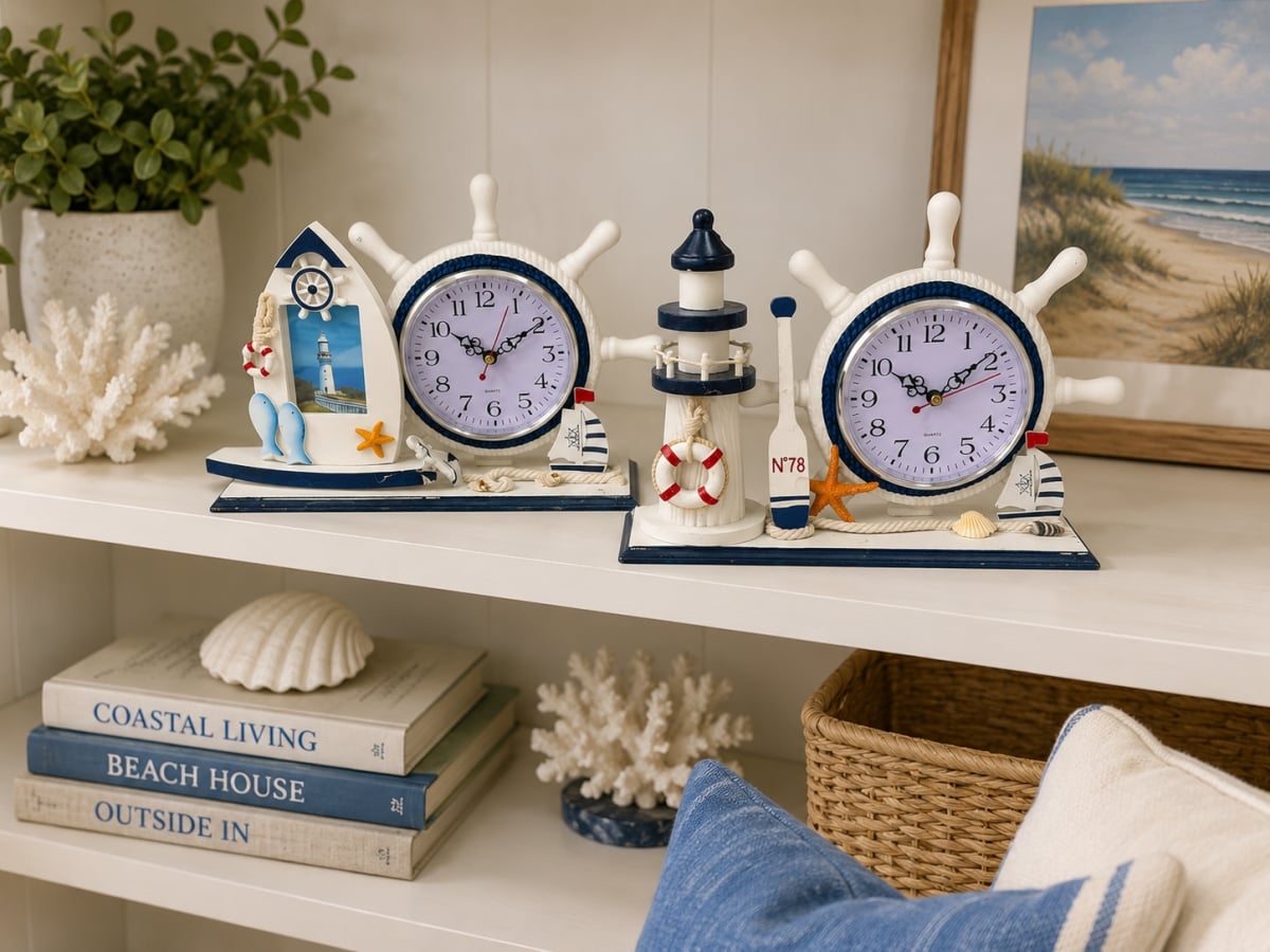 IG-N00.048 Set Of 2 Assorted- 1 With Surfboard- One With Lighthouse Ships Wheel Table Clocks
